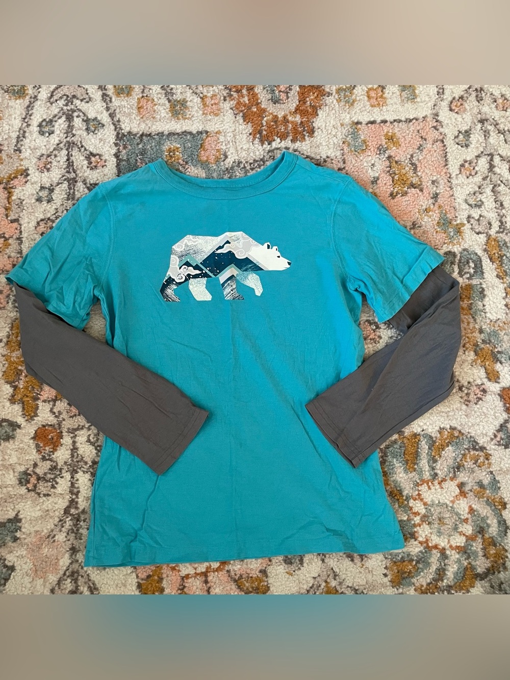 Tea Collection Teal Layered-Look Long Sleeve Top with Bear Graphic